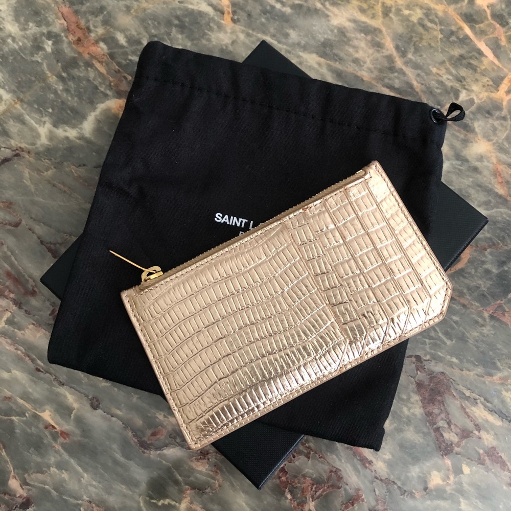 Auth YSL Fragments Gold Card Case W/BOX & DUST BAG